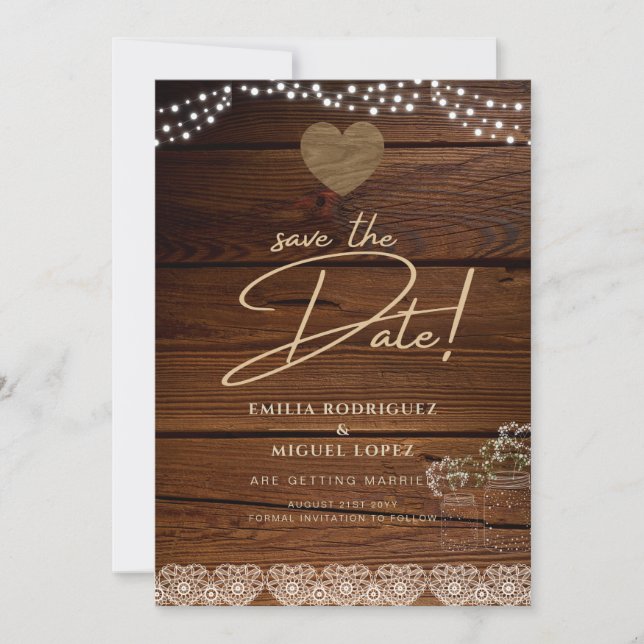 Rustic Mason Burk Ljus Snöre Gypsophilia BRÖLLOP Inbjudningar (Framsida)