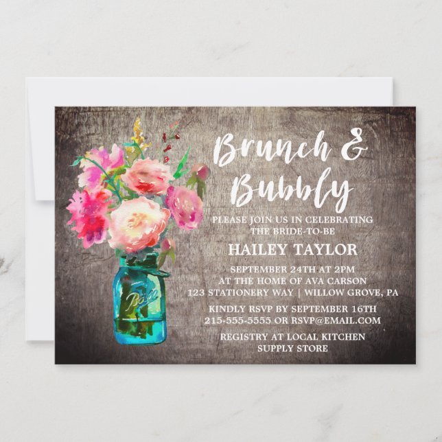 Rustic Mason Burk med Flowers Brunch och Bubly Inbjudningar (Framsida)