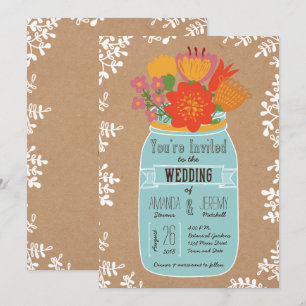Rustic Mason Burk med Flowers på Craft Papper Inbjudningar