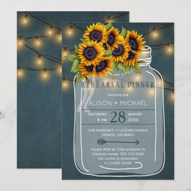 Rustic mason burk med solblommor, repetitionsmidda inbjudningar (Fram/baksida)