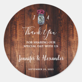 Rustic mason burk mongram lingträ bröllop runt klistermärke