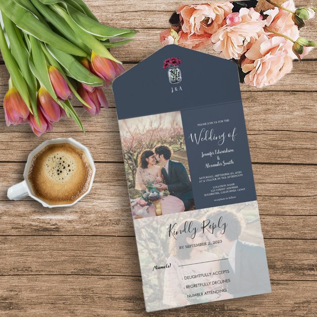 Rustic mason burk monogram fotoblått Bröllop (Rustic monogrammed mason jar photo all in one wedding invitation.)