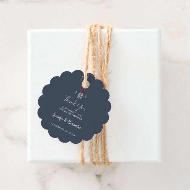 Rustic mason burk monogram marinblått bröllop gåvor etiketter (På plats)