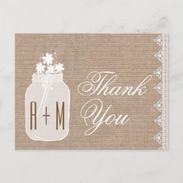 Rustic Mason Burk och Flowers Tack Burlap A06 Vykort