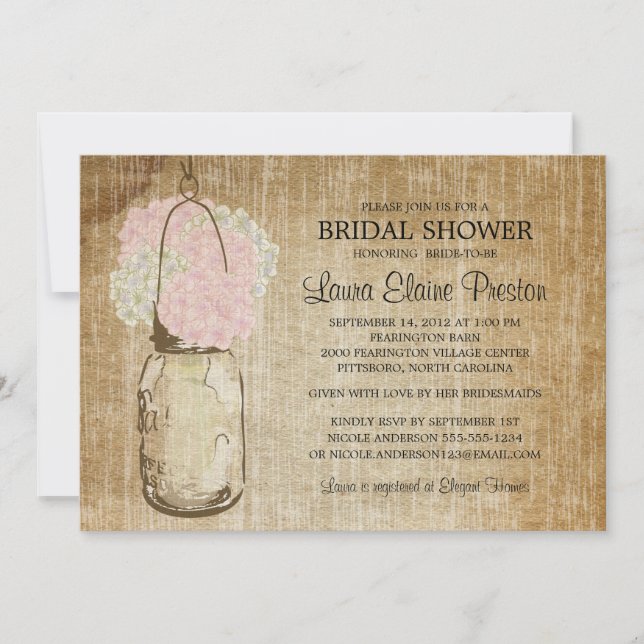 Rustic Mason Burk och Hydrangeas Inbjudningar (Framsida)