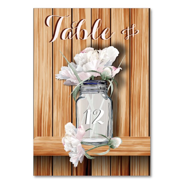 Rustic Mason Burk och Rosa Peonies Bord Card Bordsnummer (Baksidan)