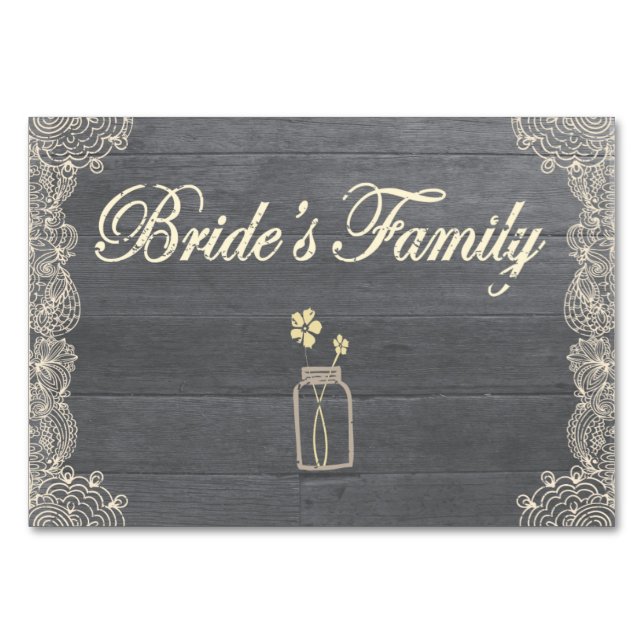 Rustic Mason Burk och Snöre Bride Family Bord Card Bordsnummer (Framsidan)