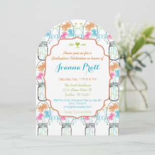 Rustic Mason Burk Rosa Coral Aqua Blommigt Student Inbjudningar