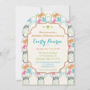 Rustic Mason Burk Rosa Coral Aqua Blommigt Student Inbjudningar