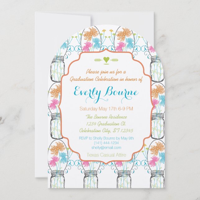 Rustic Mason Burk Rosa Coral Aqua Blommigt Student Inbjudningar (Framsida)