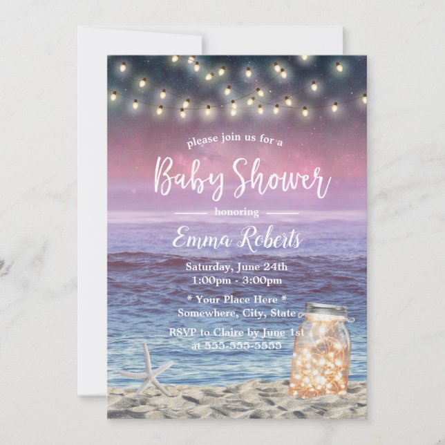 Rustic Mason Burk String Ljus Beach Baby Shower Inbjudningar (Framsida)