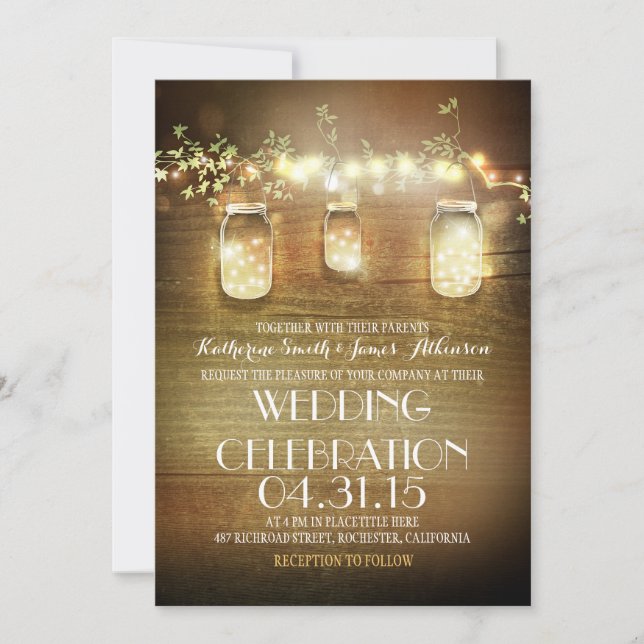 Rustic Mason Burk String Ljus Elegant bröllop Inbjudningar (Framsida)