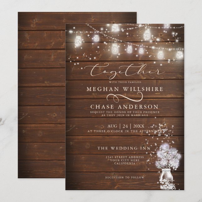 Rustic Mason Burk String LjusBarefootBride™ Inbjudningar (Fram/baksida)