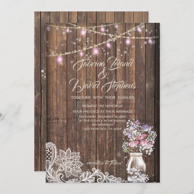 Rustic Mason Burk String LjusBarefootBride™ Inbjudningar (Fram/baksida)