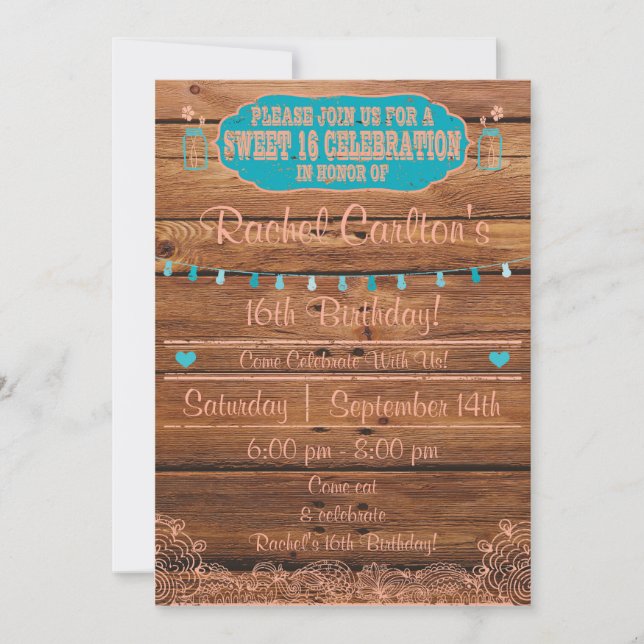 Rustic Mason Burk Sweet 16 Birthday Inbjudan (Framsida)