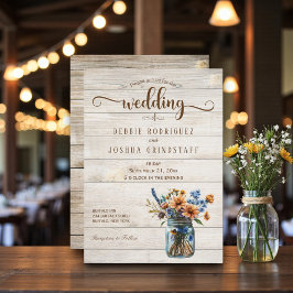 Rustic Mason Jar Floral on Wood Wedding Invitation Inbjudningar