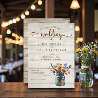 Rustic Mason Jar Floral on Wood Wedding Invitation Inbjudningar