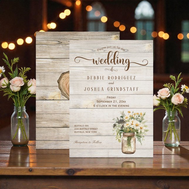 Rustic Mason Jar on Wood Wedding Invitation Inbjudningar (Skapare uppladdad)