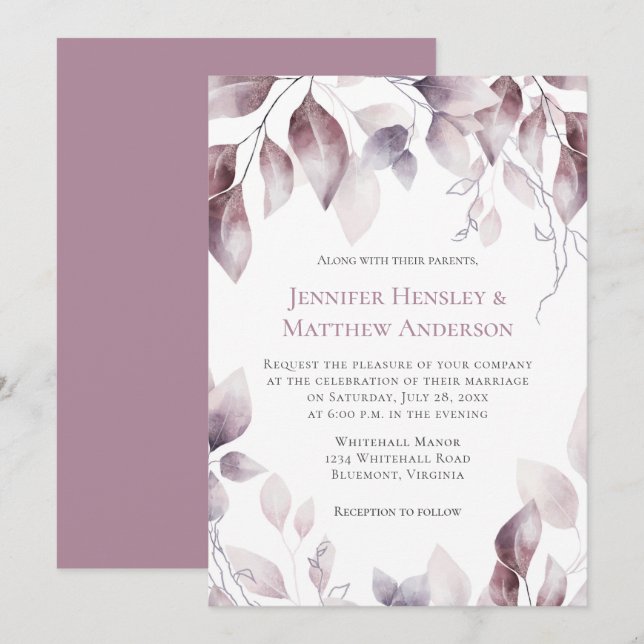 Rustic Mauve Rosa Botanical Wedding bjudande Inbjudningar (Fram/baksida)