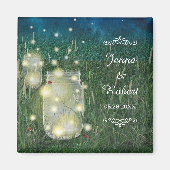Rustic Meadow Summer Night Mason Burk och Fireflie Magnet (Framsidan)