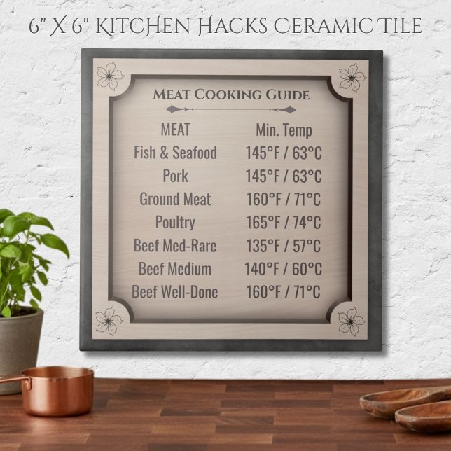 Rustic Meat Cooking Temperature Guide Ceramic Tile Kakelplatta (The Meat Cooking Guide ceramic tile is a must-have gift for the home cook or grill master)