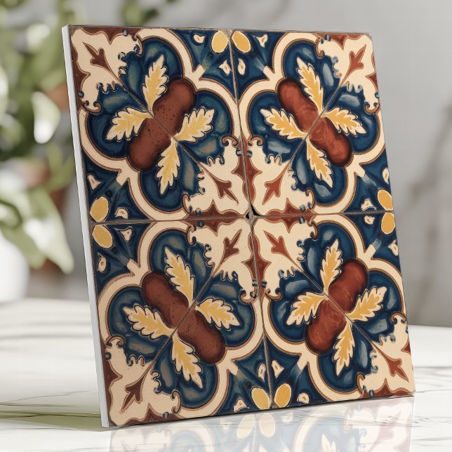 Rustic Mediterranean Blommigt Blue och Terracotta Kakelplatta (Skapare uppladdad)