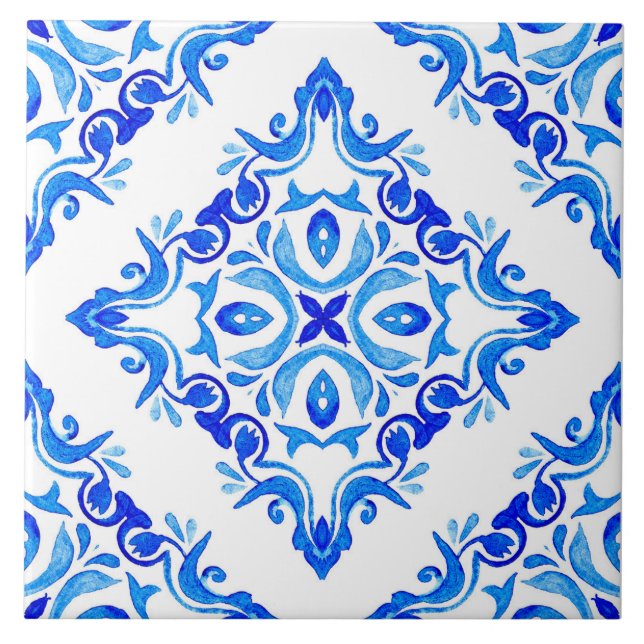 Rustic Mediterranean Blue and White Kakelplatta (Framsidan)