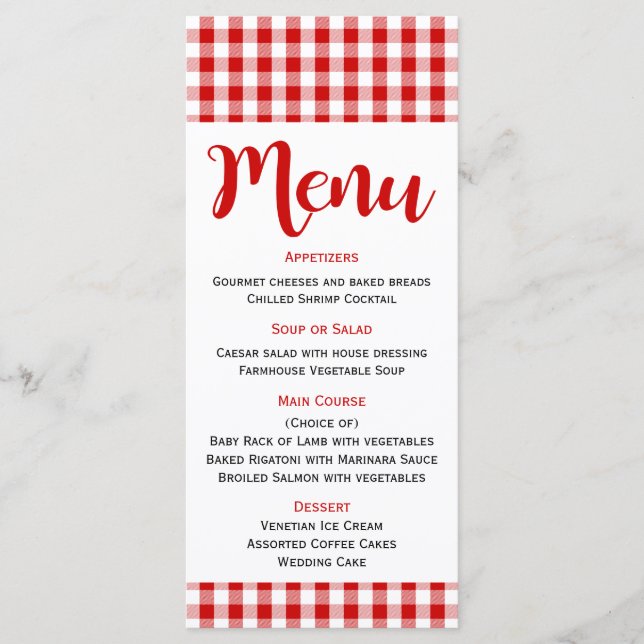 Rustic Menu Red White Gingham Check Bröllop, Party Meny (Framsida)