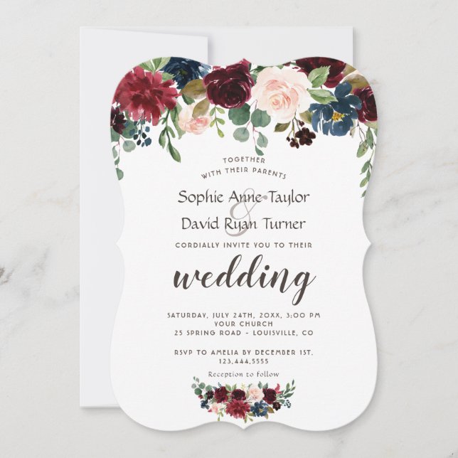 Rustic Merlot Navy Blue Blommigt Bröllop Inbjudningar (Framsida)