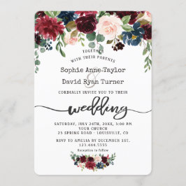 Rustic Merlot Navy Blue Blommigt Handwrite Bröllop Inbjudningar