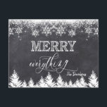 "Rustic Merry Allting Chalkboard Typography Meddelande Vykort<br><div class="desc">Elegantens utformning med en elegant,  modern "Merry All"-typografi,  på en kritersbakgrund med snöflingor och träd. Använda Anpassa verktyg om du vill lägga till information,  meddelande. Fler idéer i min julfotosamling..</div>