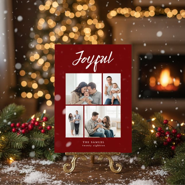 Rustic Merry Four Familjefotokollage Röd Julkort (Skapare uppladdad)