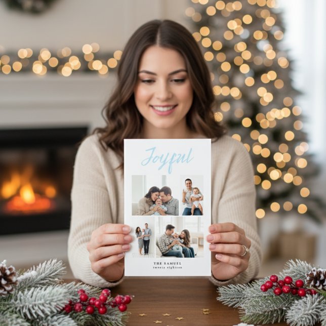 Rustic Merry Four Familjefotokollage Vitt Julkort (Skapare uppladdad)