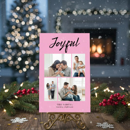 Rustic Merry Four Family Photo Collage Pink Julkort