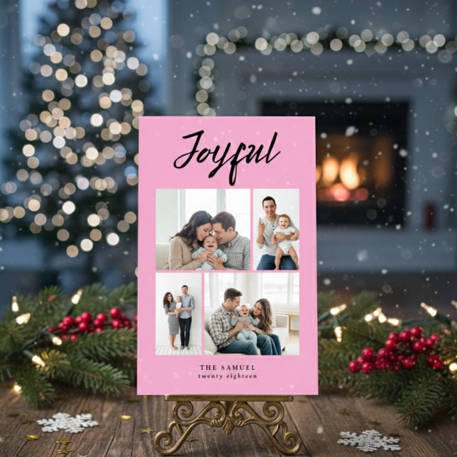 Rustic Merry Four Family Photo Collage Pink Julkort (Skapare uppladdad)