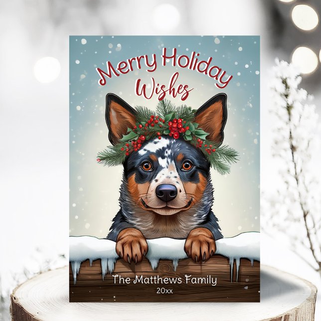 Rustic Merry Önskemål Australian Cattle Hund Snowy Julkort (Adorable Winter Snowy Scene With Peeking Dogs or Farm/Woodland Animals - Over 50 to Choose From!)