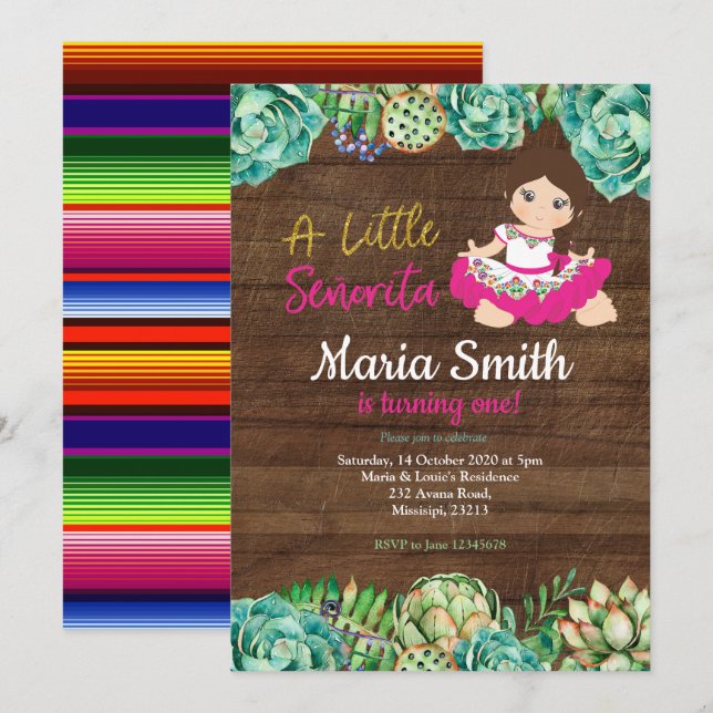 Rustic Mexican Cactus Fiesta 1st Birthday Girl Inbjudningar (Fram/baksida)