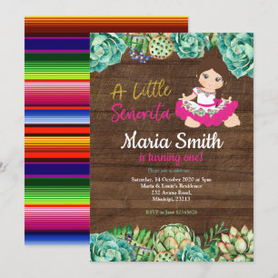 Rustic Mexican Cactus Fiesta 1st Birthday Girl Inbjudningar