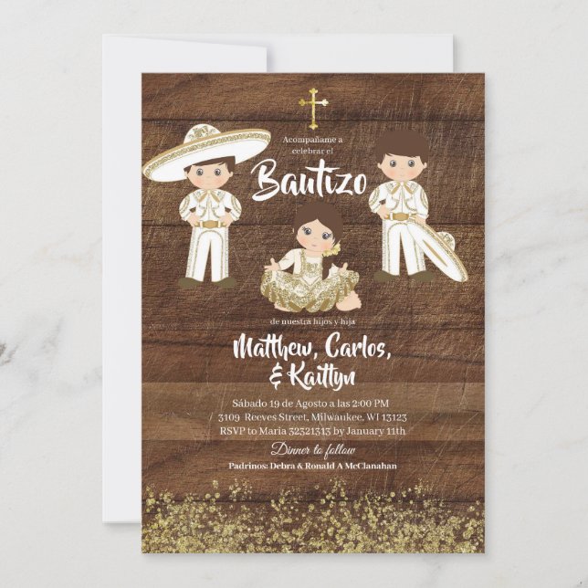 Rustic Mexican Cactus Guld Charro Syskon Bautizo Inbjudningar (Framsida)
