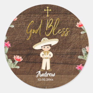 Rustic Mexican Guld Charro Boy Baptism Sticker Runt Klistermärke