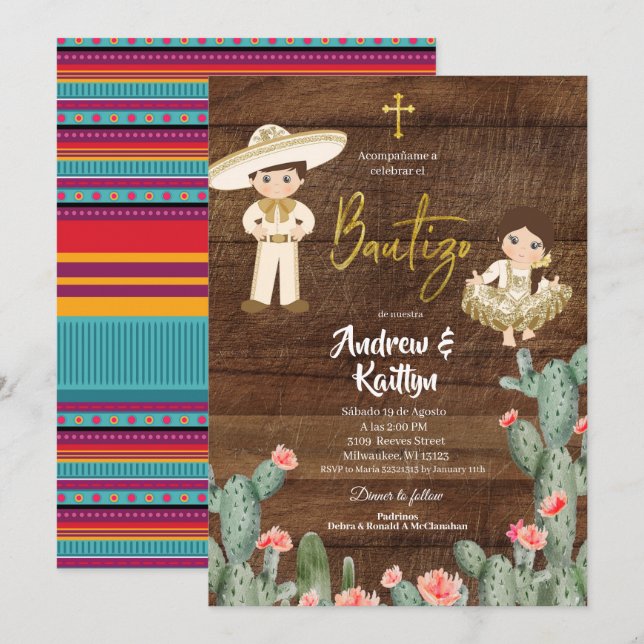 Rustic Mexican Guld Charro Boy Twin Bautizo I Inbjudningar (Fram/baksida)