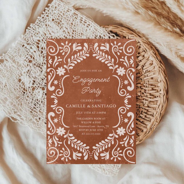 Rustic Mexican Papel Picado Förlovningsfest Inbjudningar (Terracotta Papel Picado Engagement Party Invitation)