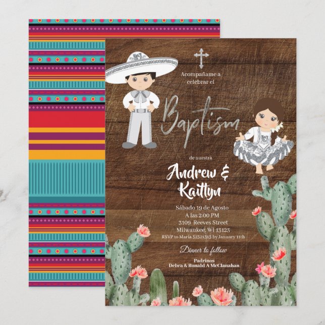 Rustic Mexican Silver Charro Boy Twin Baptism Inbjudningar (Fram/baksida)