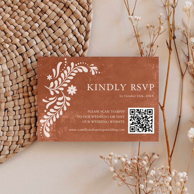 Rustic Mexican Terracotta Bröllop QR-kod OSA Kort (Terracotta Rustic Wedding QR Code Rsvp card)