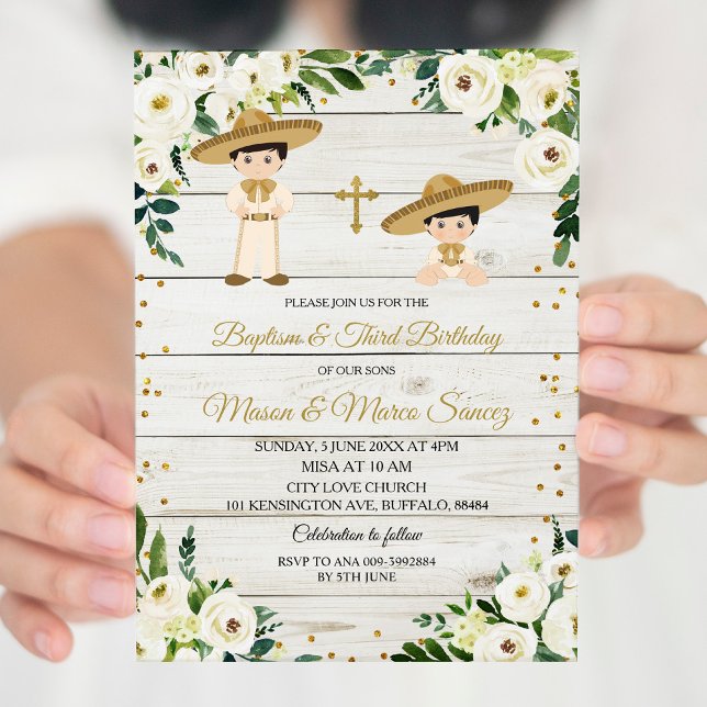 Rustic Mexican Twin Boy Baptism och tredje födelse Inbjudningar (Skapare uppladdad)
