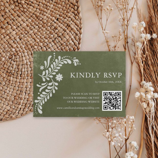 Rustic Mexikansk Grönt Bröllop QR-kod OSA Kort (Mexican Papel Picado Green Wedding RSVP QR Code Card)