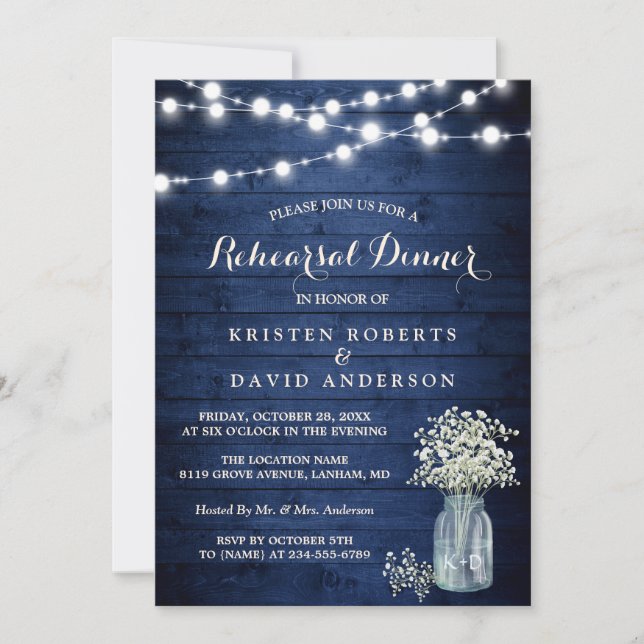 Rustic Midnight Night Blue Ljus Rehearsal Dinner Inbjudningar (Framsida)