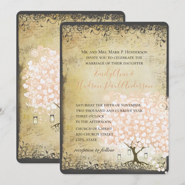 Rustic Millennienium Rosa Heart Löv Träd Bröllop Inbjudningar (Fram/baksida)