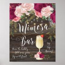 Rustic Mimosa Pub Bröllop Sign Burgundy Rosa
