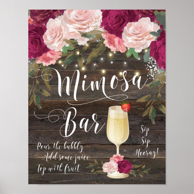 Rustic Mimosa Pub Bröllop Sign Burgundy Rosa Poster (Framsidan)